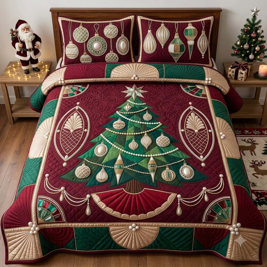 Burgundy Heirloom Bauble Tree 3-Piece Quilted Bedding Set GDTONTD2014