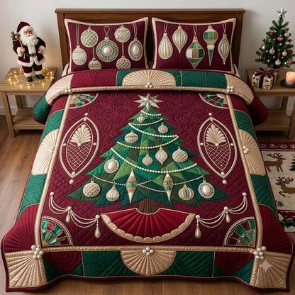Burgundy Heirloom Bauble Tree 3-Piece Quilted Bedding Set GDTONTD2014