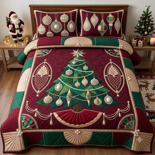Burgundy Heirloom Bauble Tree 3-Piece Quilted Bedding Set GDTONTD2014