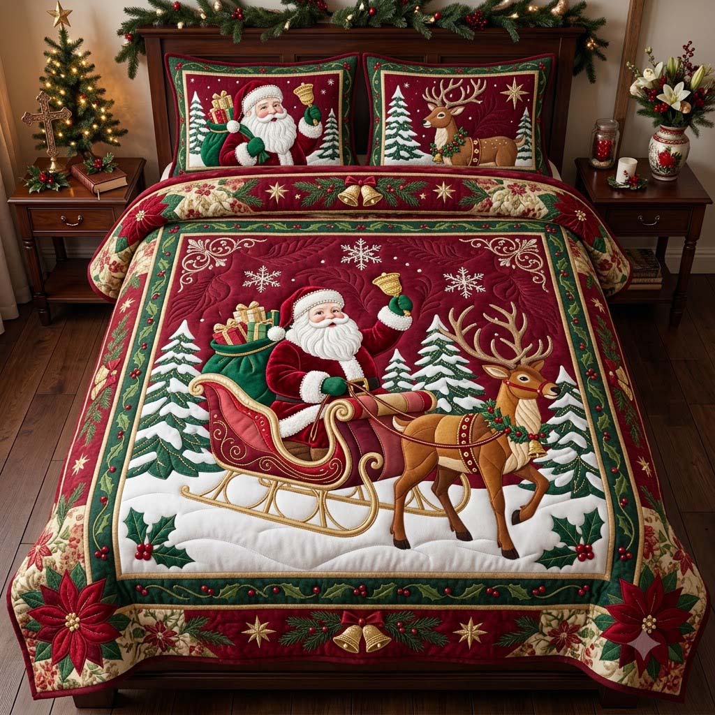 Christmas sleigh Of Santa Claus 3-Piece Quilted Bedding Set GDTONTD2016