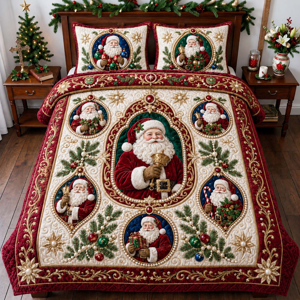 Santa Ornament 3-Piece Quilted Bedding Set GDTONTD2019