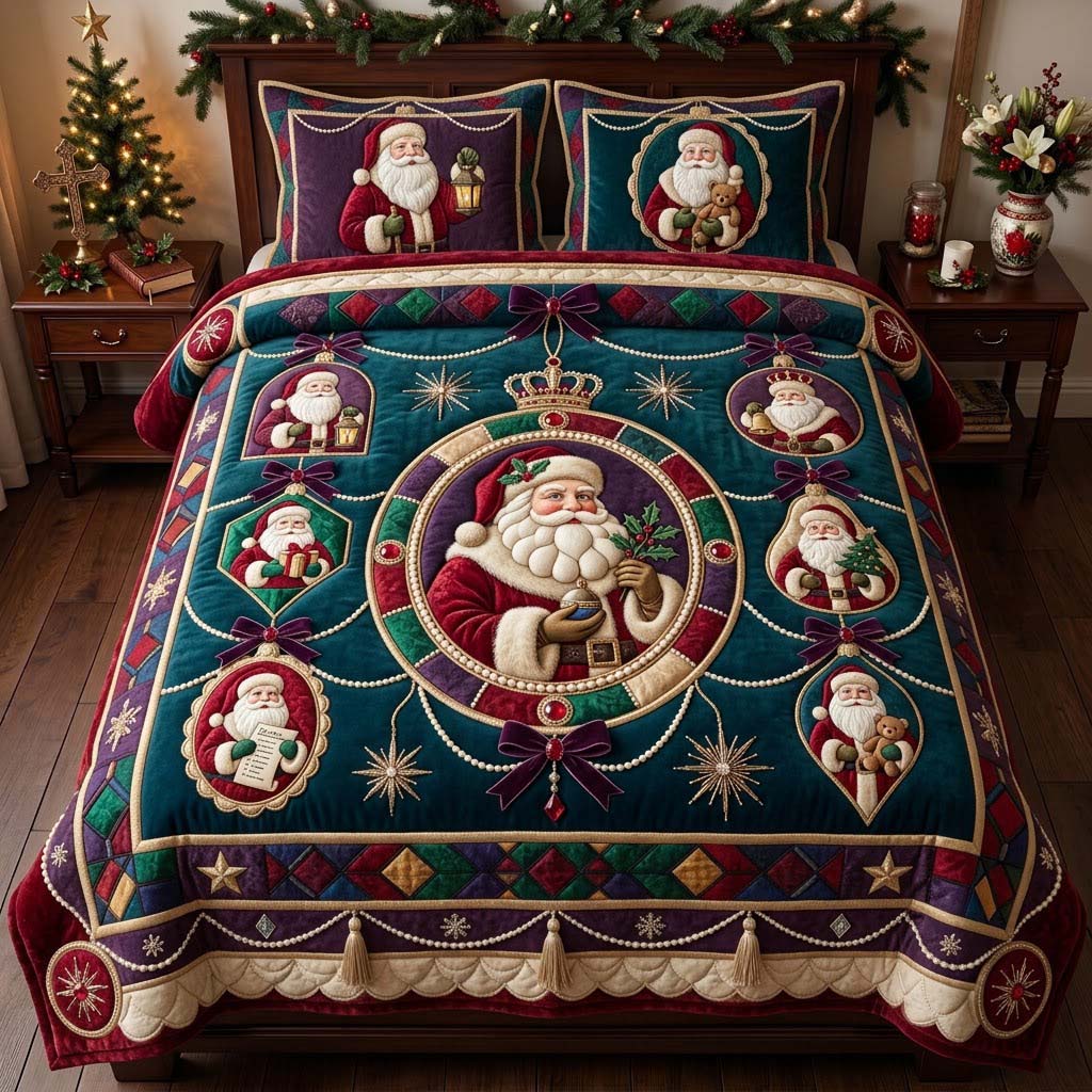 Midnight Jewel Santa Ornament 3-Piece Quilted Bedding Set GDTONTD2022