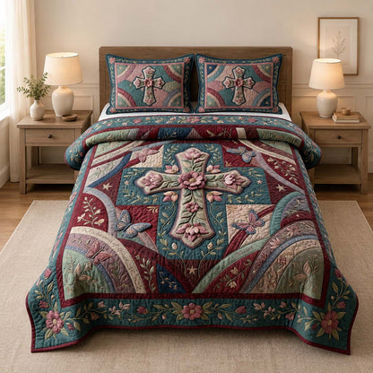 Floral Cross 3-Piece Quilted Bedding Set GDTONTD470
