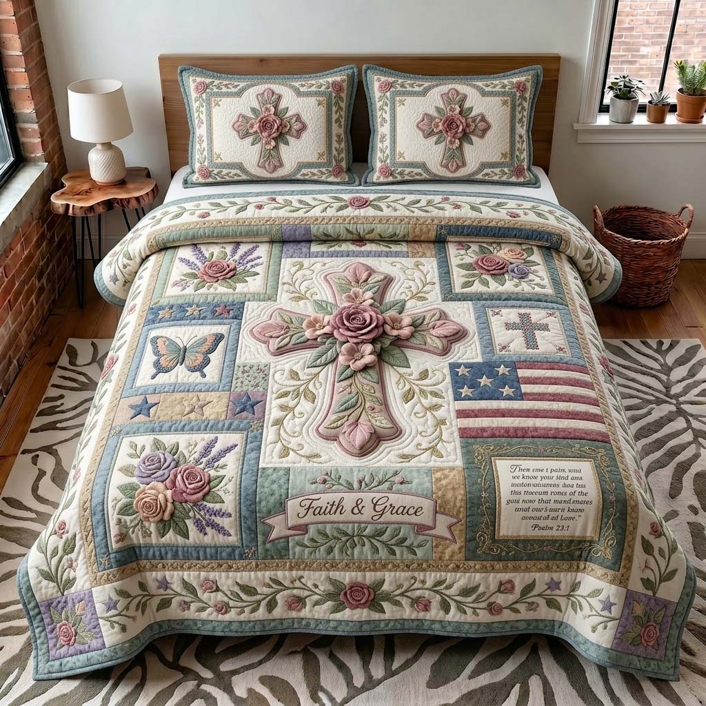 Grace Cross 3-Piece Quilted Bedding Set GDTONTD471