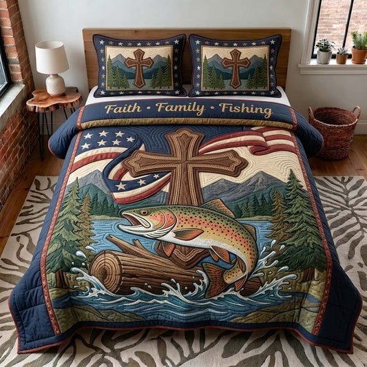 Fishing Cross 3-Piece Quilted Bedding Set GDTONTD476
