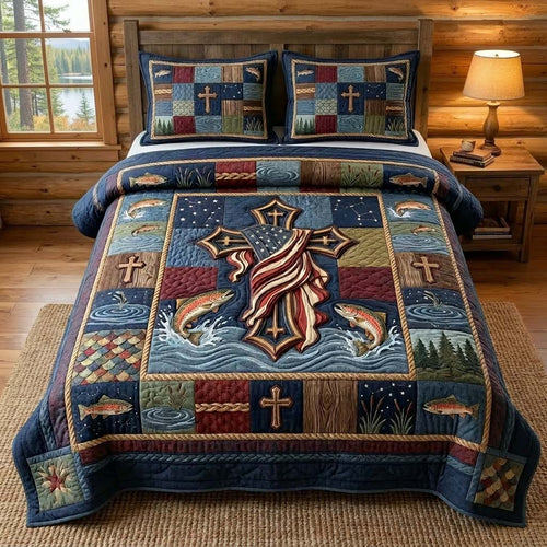 Rustic Fishing 3-Piece Quilted Bedding Set GDTONTD481