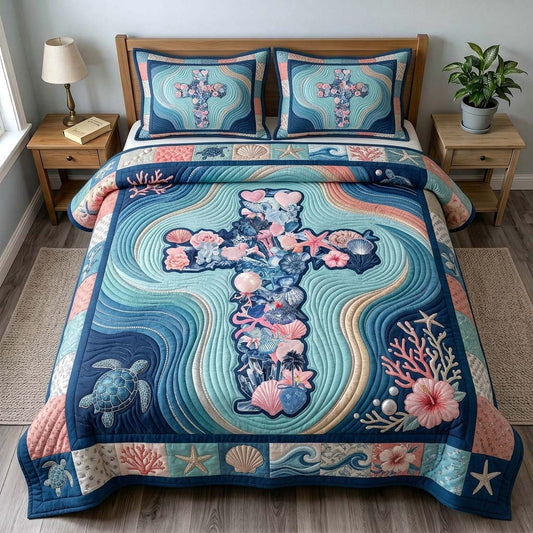 Coastal Faith Cross 3-Piece Quilted Bedding Set GDTONTD495