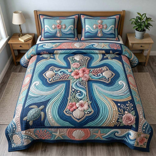 Seashell Grace Cross 3-Piece Quilted Bedding Set GDTONTD496