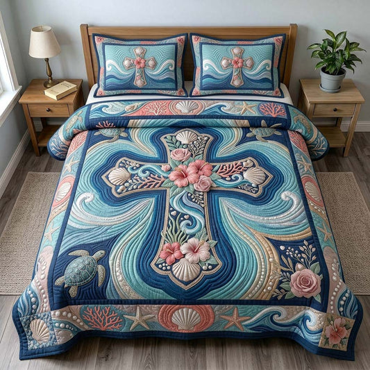 Seashell Grace Cross 3-Piece Quilted Bedding Set GDTONTD496
