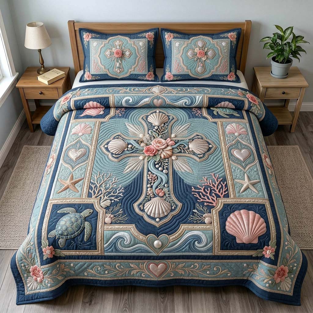 Coastal Shell Cross 3-Piece Quilted Bedding Set GDTONTD500