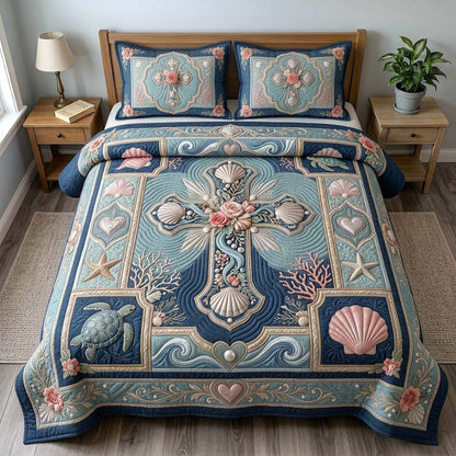 Coastal Shell Cross 3-Piece Quilted Bedding Set GDTONTD500