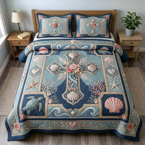 Coastal Shell Cross 3-Piece Quilted Bedding Set GDTONTD500