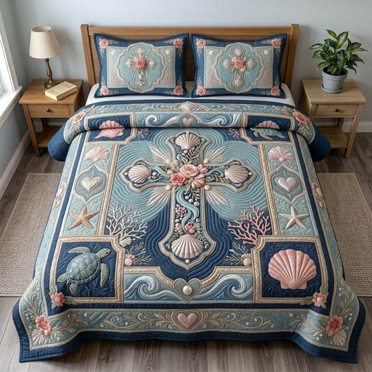 Coastal Shell Cross 3-Piece Quilted Bedding Set GDTONTD500