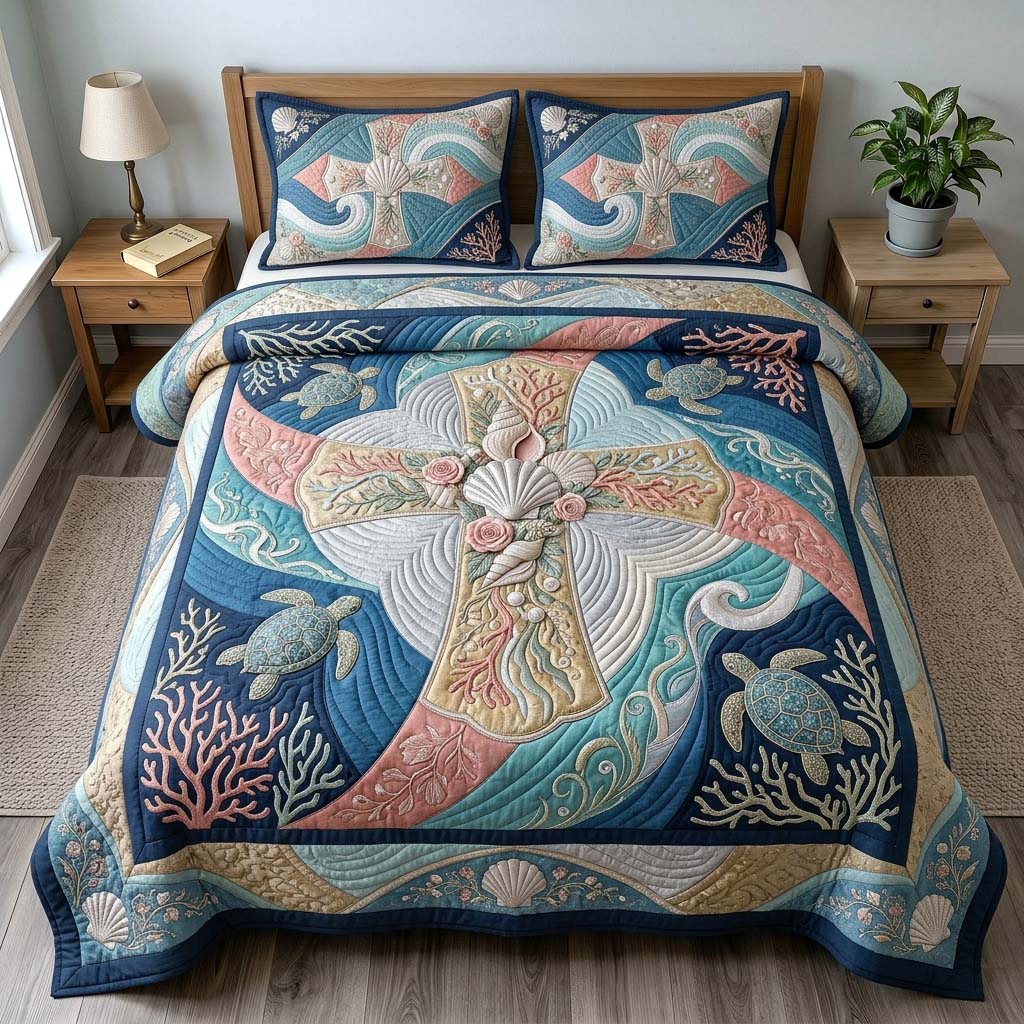 Coral Faith Cross 3-Piece Quilted Bedding Set GDTONTD502