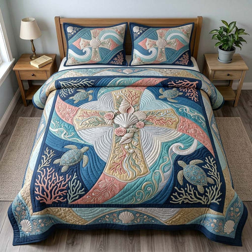 Coral Faith Cross 3-Piece Quilted Bedding Set GDTONTD502