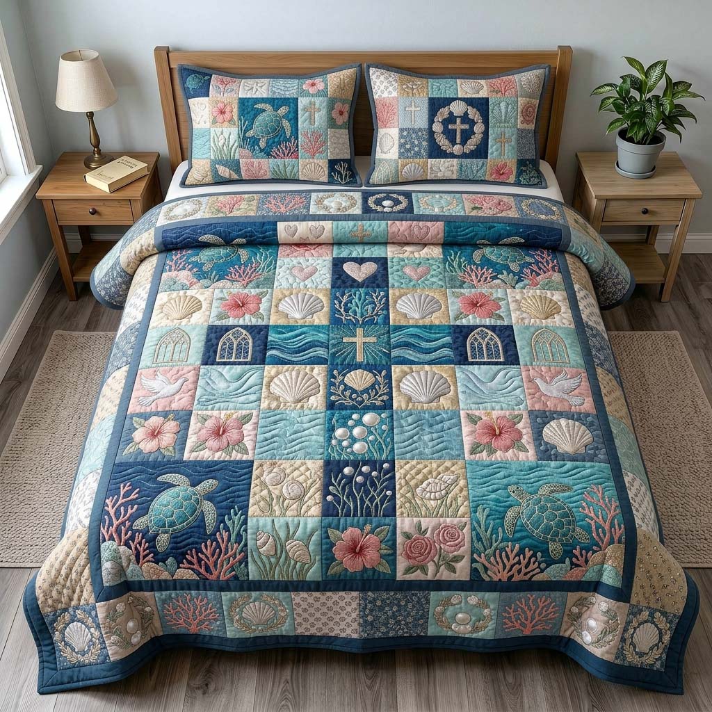Ocean Prayer Patchwork 3-Piece Quilted Bedding Set GDTONTD504