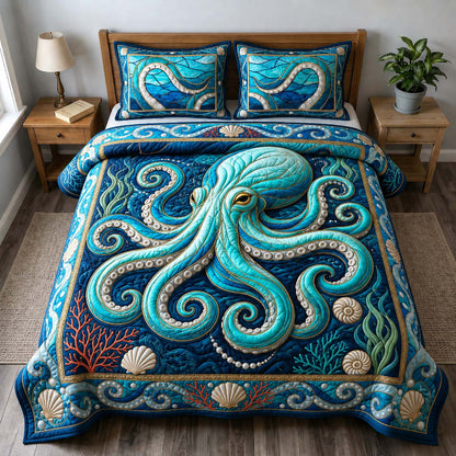Turquoise Octopus Garden 3-Piece Quilted Bedding Set GDTONTD534