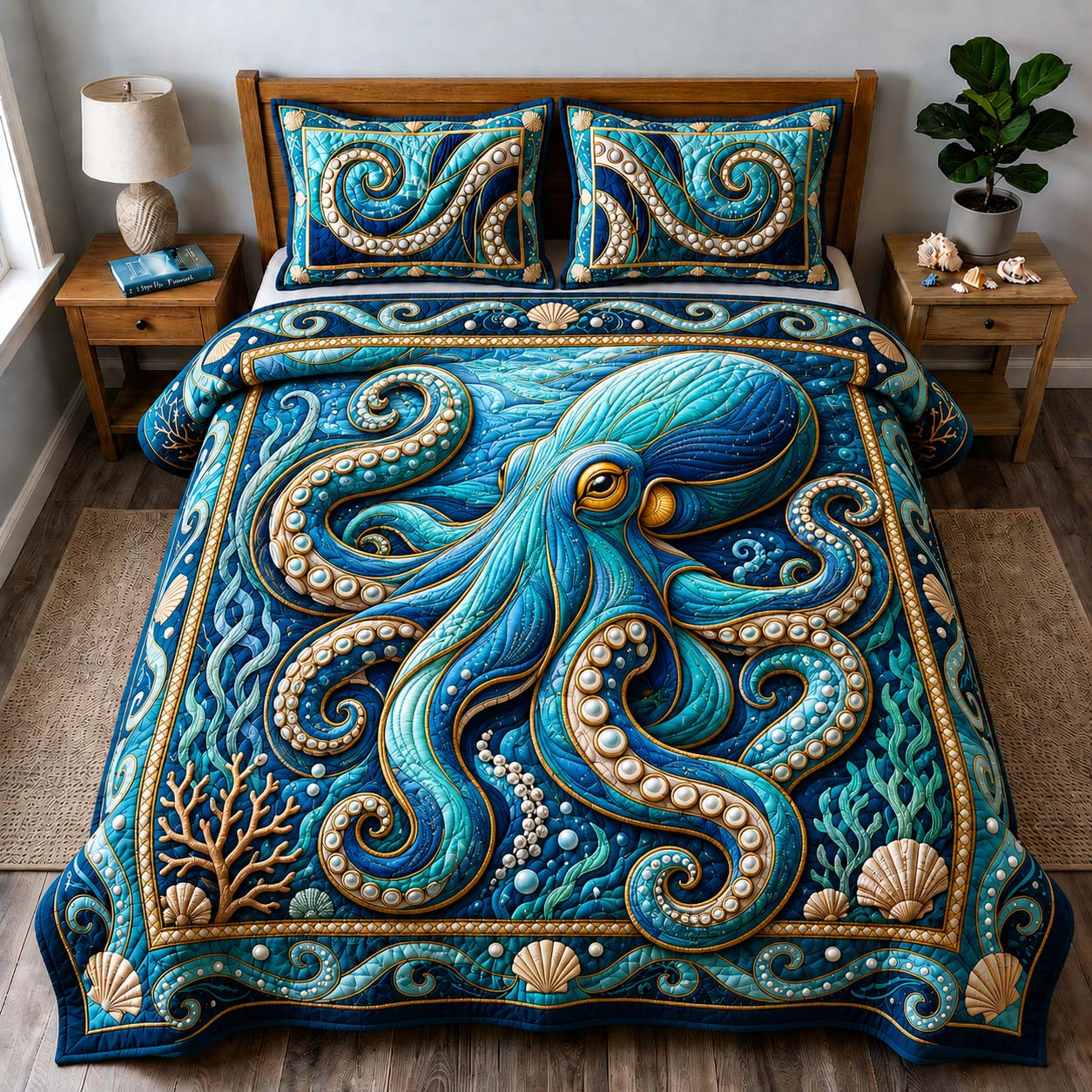 Pearl Tentacle Ocean 3-Piece Quilted Bedding Set GDTONTD535
