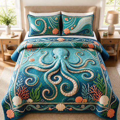 Coastal Pearl Octopus 3-Piece Quilted Bedding Set GDTONTD537