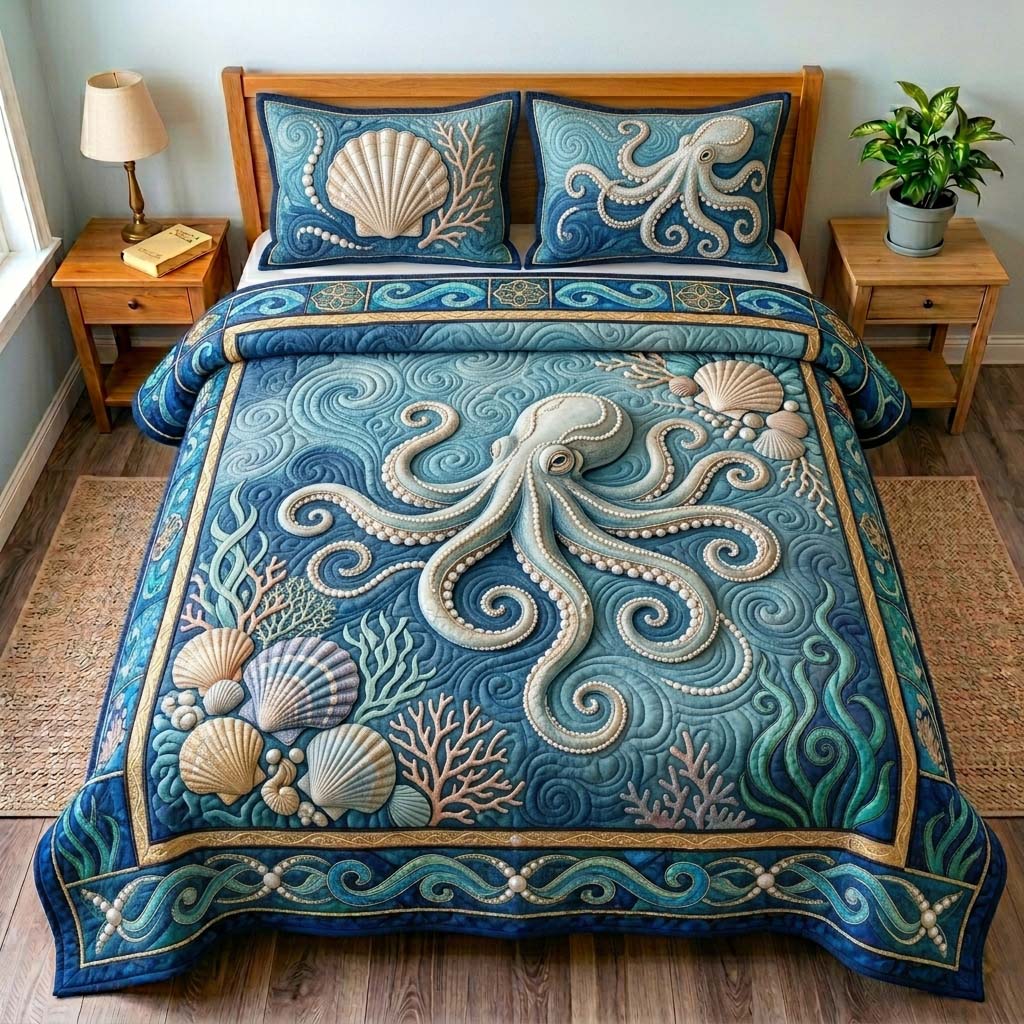 Soft Coastal Octopus 3-Piece Quilted Bedding Set GDTONTD540