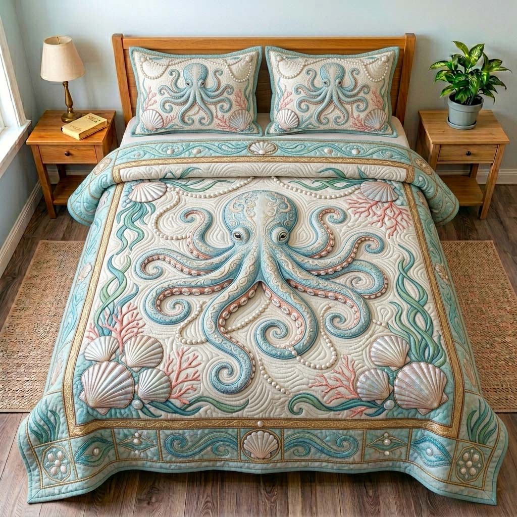 Ivory Octopus Pearl 3-Piece Quilted Bedding Set GDTONTD542