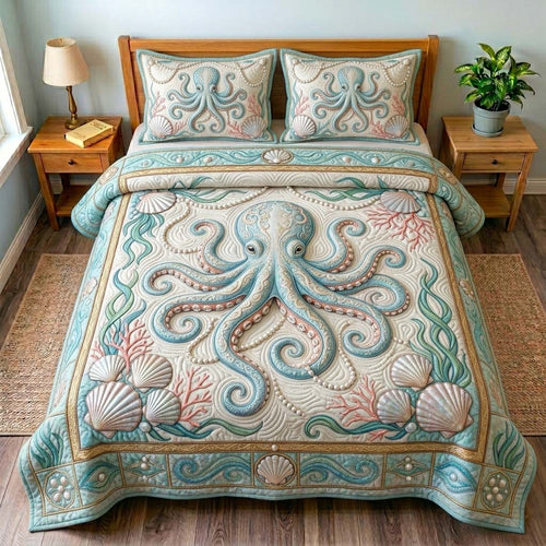 Ivory Octopus Pearl 3-Piece Quilted Bedding Set GDTONTD542