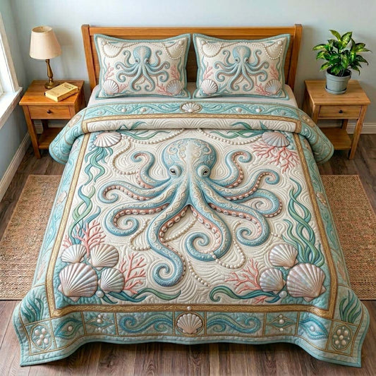 Ivory Octopus Pearl 3-Piece Quilted Bedding Set GDTONTD542