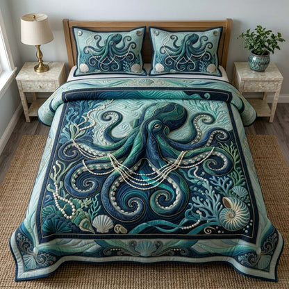 Aqua Reef Octopus 3-Piece Quilted Bedding Set GDTONTD543