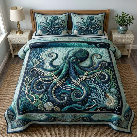 Aqua Reef Octopus 3-Piece Quilted Bedding Set GDTONTD543