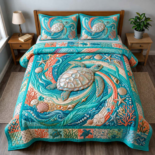 Coastal Turtle 3-Piece Quilted Bedding Set GDTONTD589