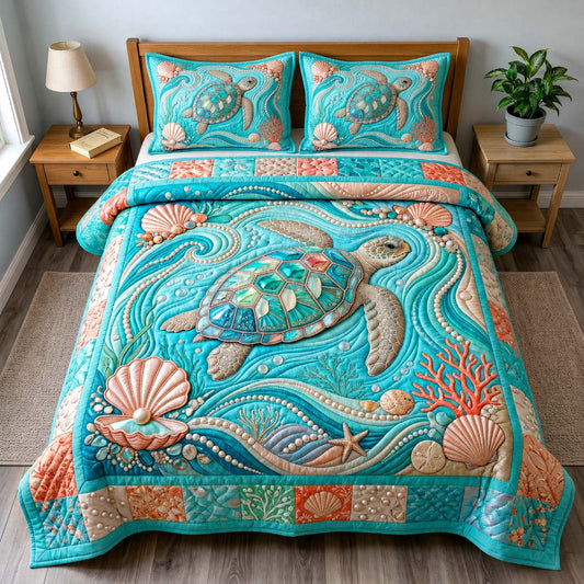 Aqua Shell Turtle 3-Piece Quilted Bedding Set GDTONTD591