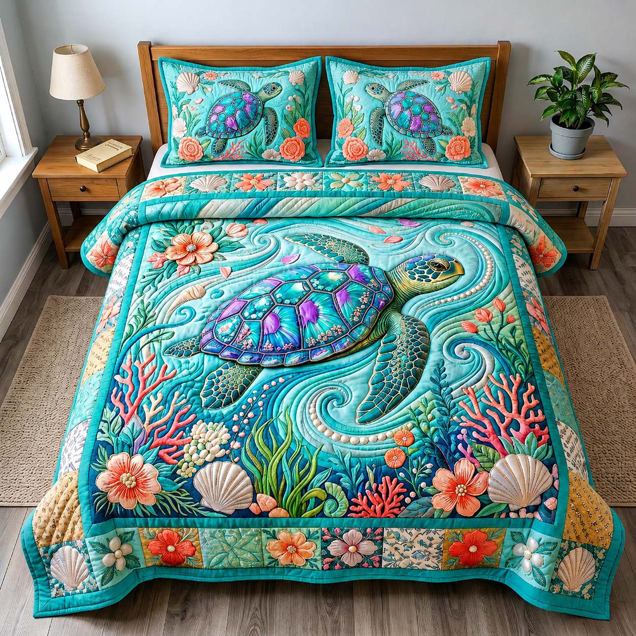 Coral Bloom Turtle 3-Piece Quilted Bedding Set GDTONTD593
