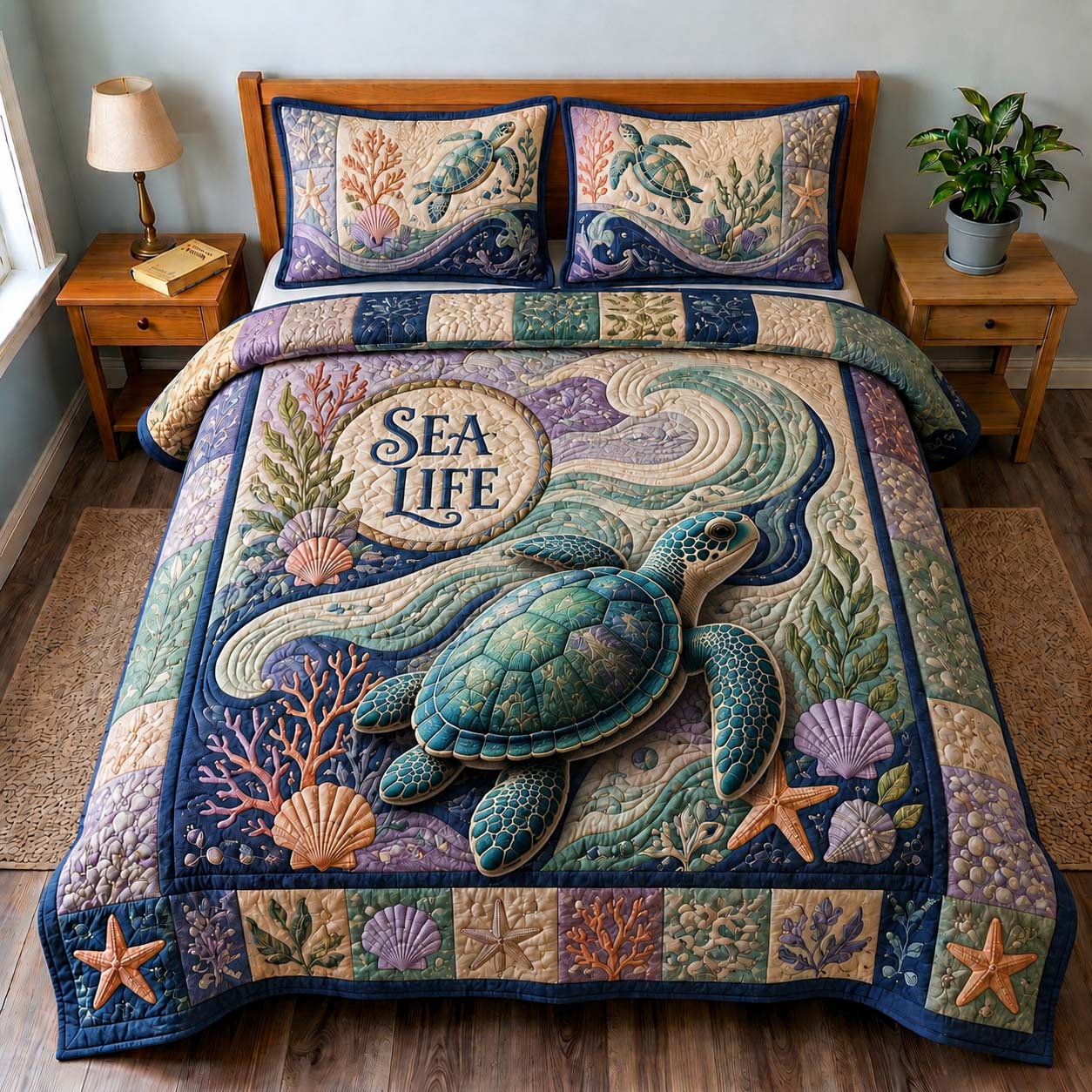 Sea Life Turtle 3-Piece Quilted Bedding Set GDTONTD598