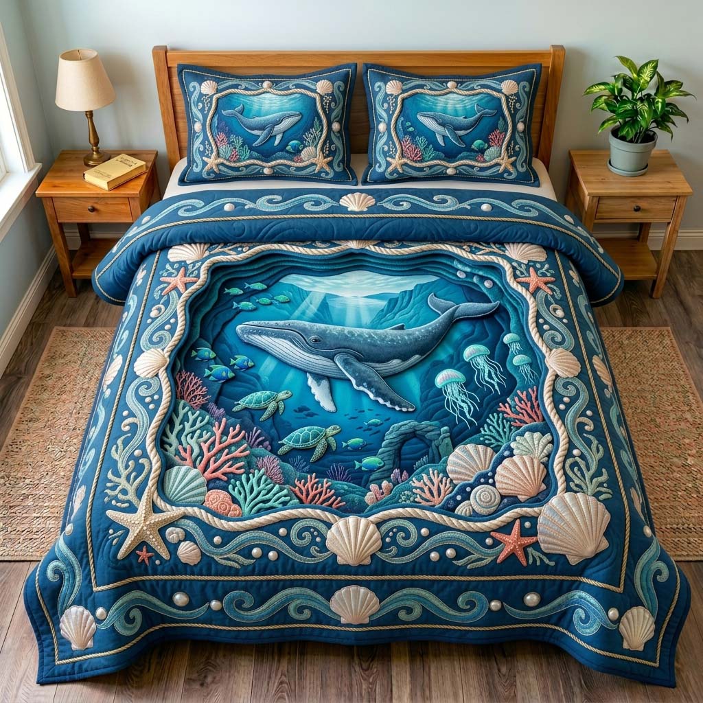 Deep Sea Whale 3-Piece Quilted Bedding Set GDTONTD601