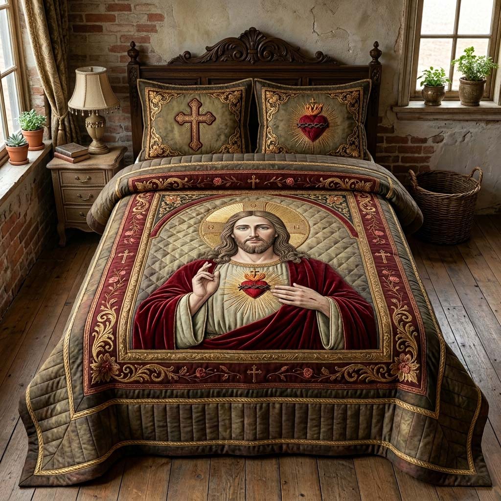 Vintage Jesus Devotion 3-Piece Quilted Bedding Set GDTONTD661