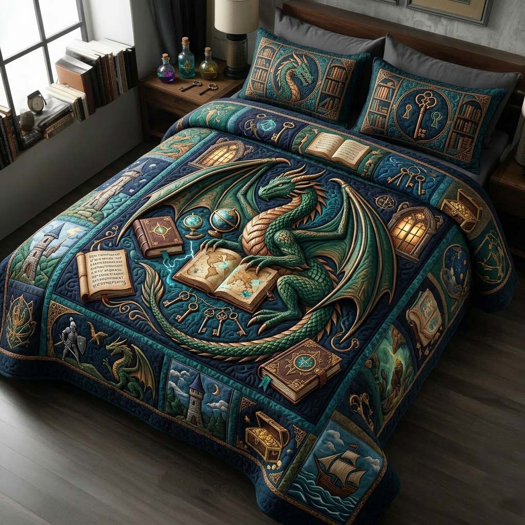 Dragon Library 3-Piece Quilted Bedding Set GDTONTD697