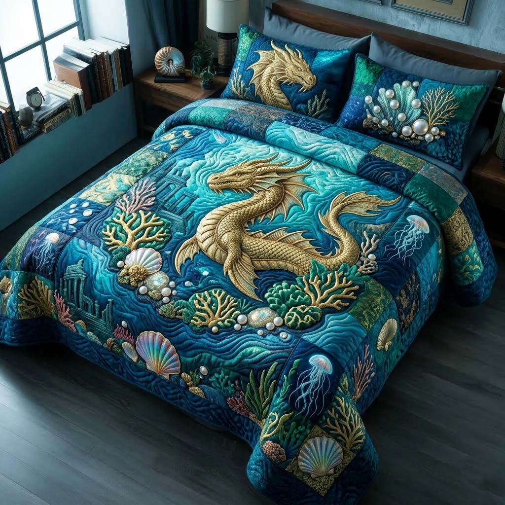 Ocean Dragon 3-Piece Quilted Bedding Set GDTONTD698