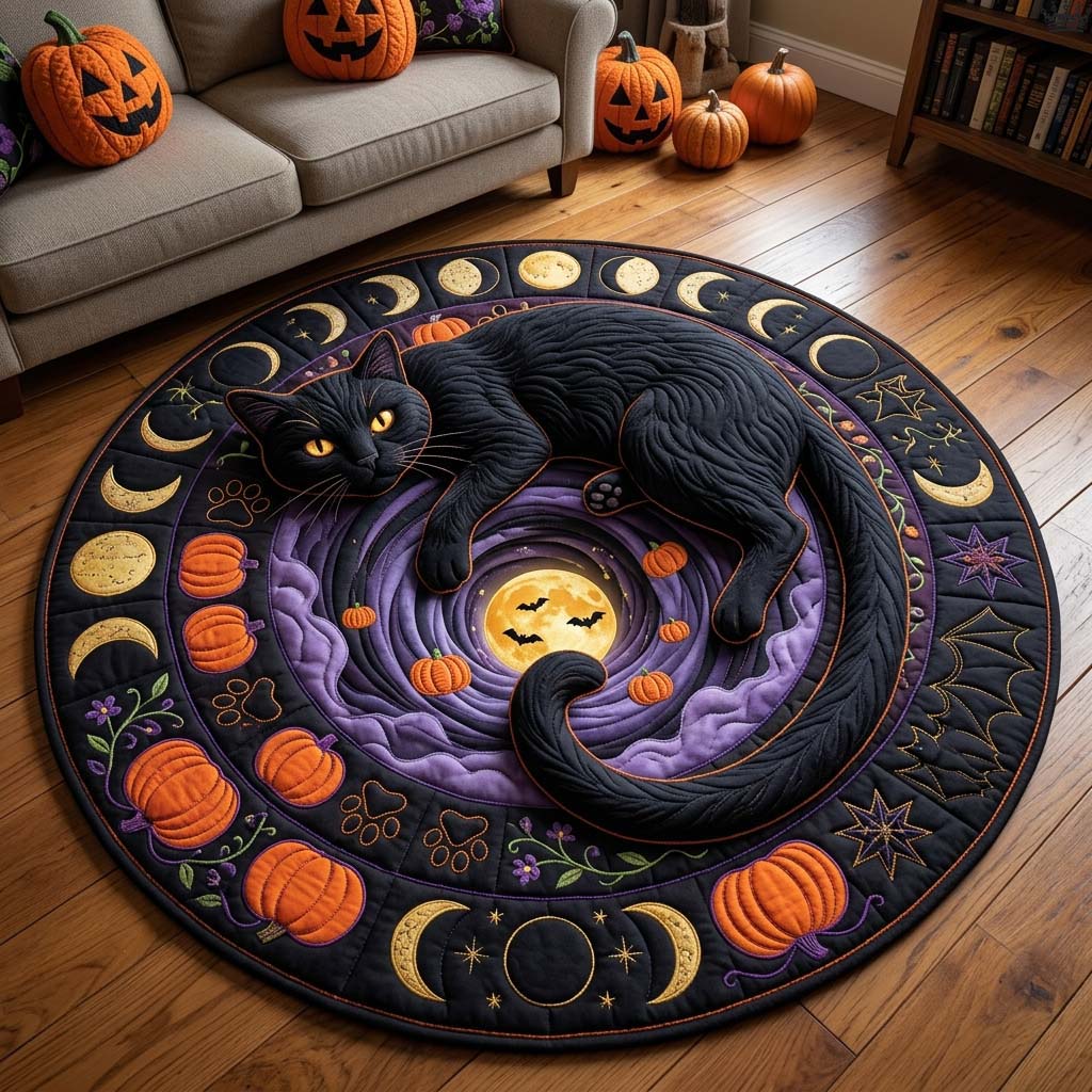 Moonlight Black Cat Quilted Round Mat GDTONTD813