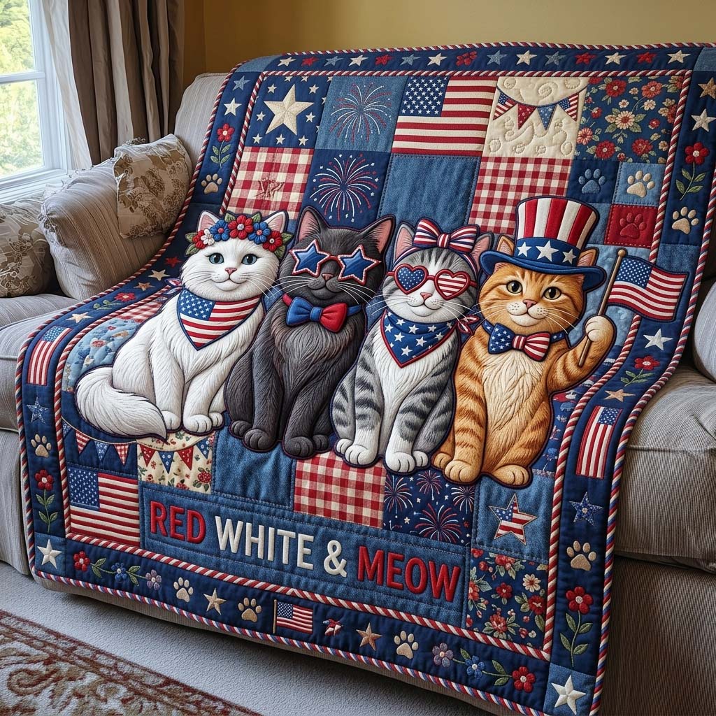 Red White Meow Quilted Blanket GDTONTD847