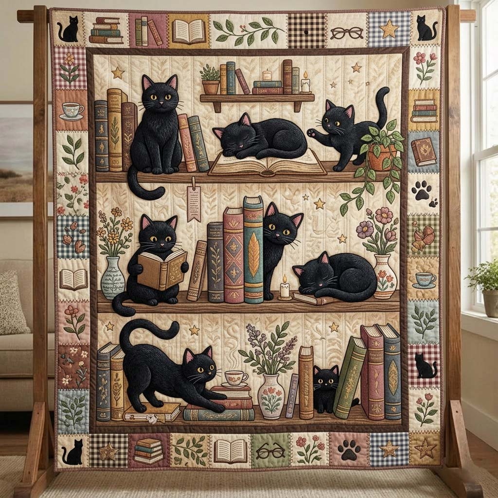 Bookish Black Cats Quilted Blanket GDTONTD853