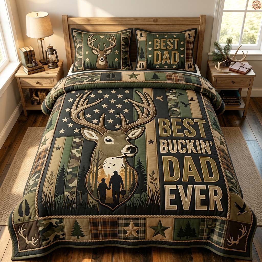 Best Buckin’ Dad Ever 3-Piece Quilted Bedding Set GDTONTD873