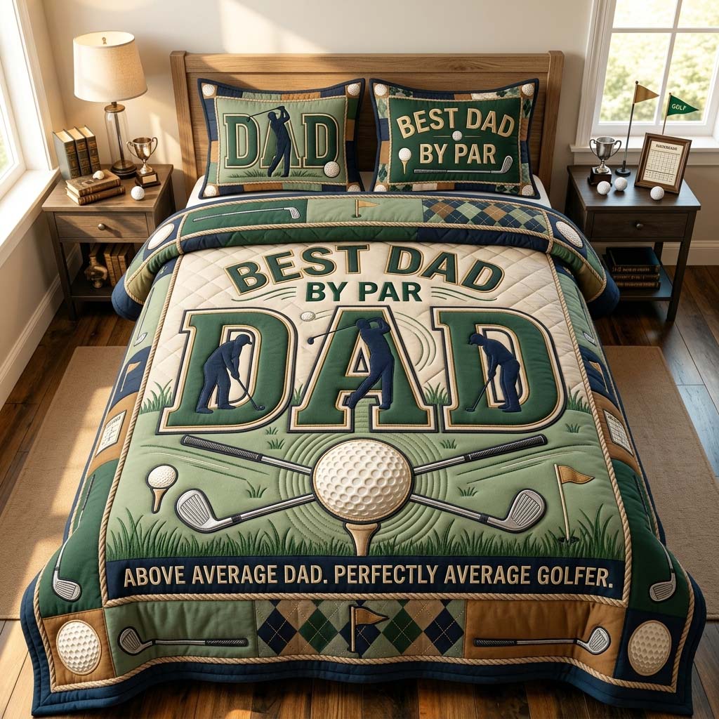 Best Dad By Par Green 3-Piece Quilted Bedding Set GDTONTD881