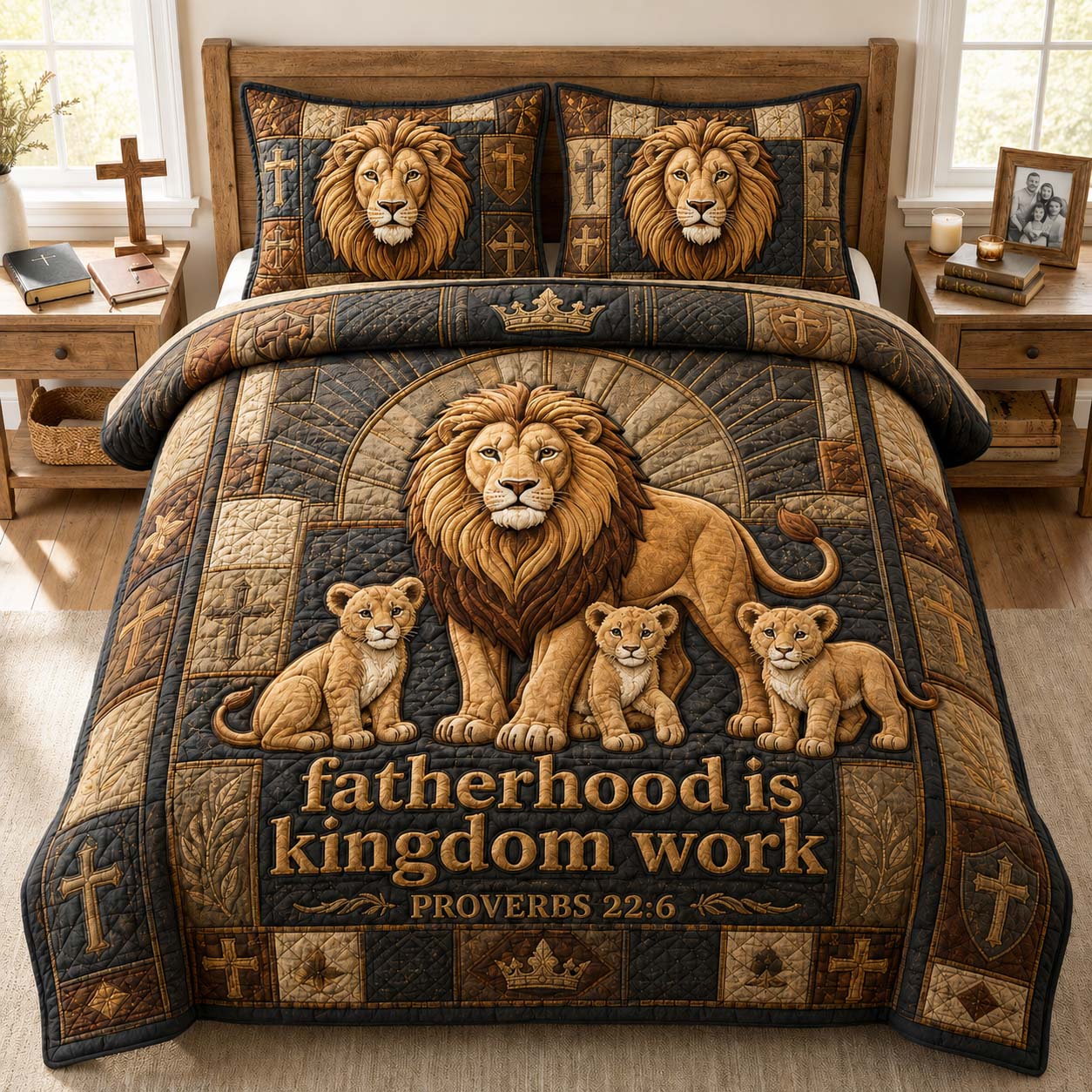 Fatherhood Lion Family 3-Piece Quilted Bedding Set GDTONTD885