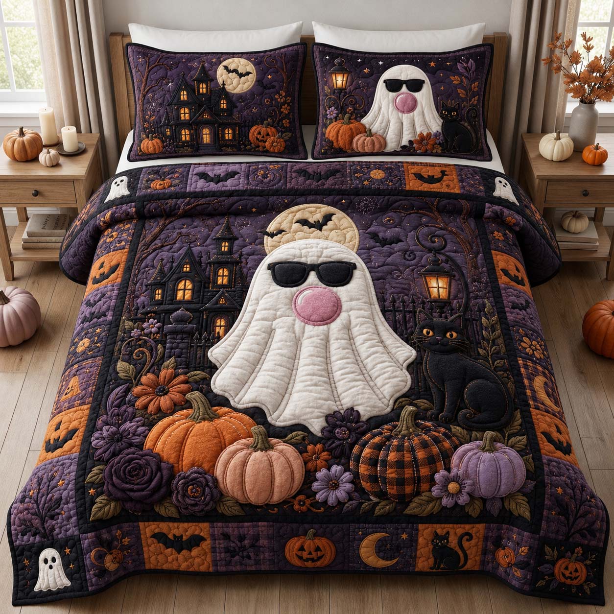 Cozy Ghost Autumn 3-Piece Quilted Bedding Set GDTONTD906