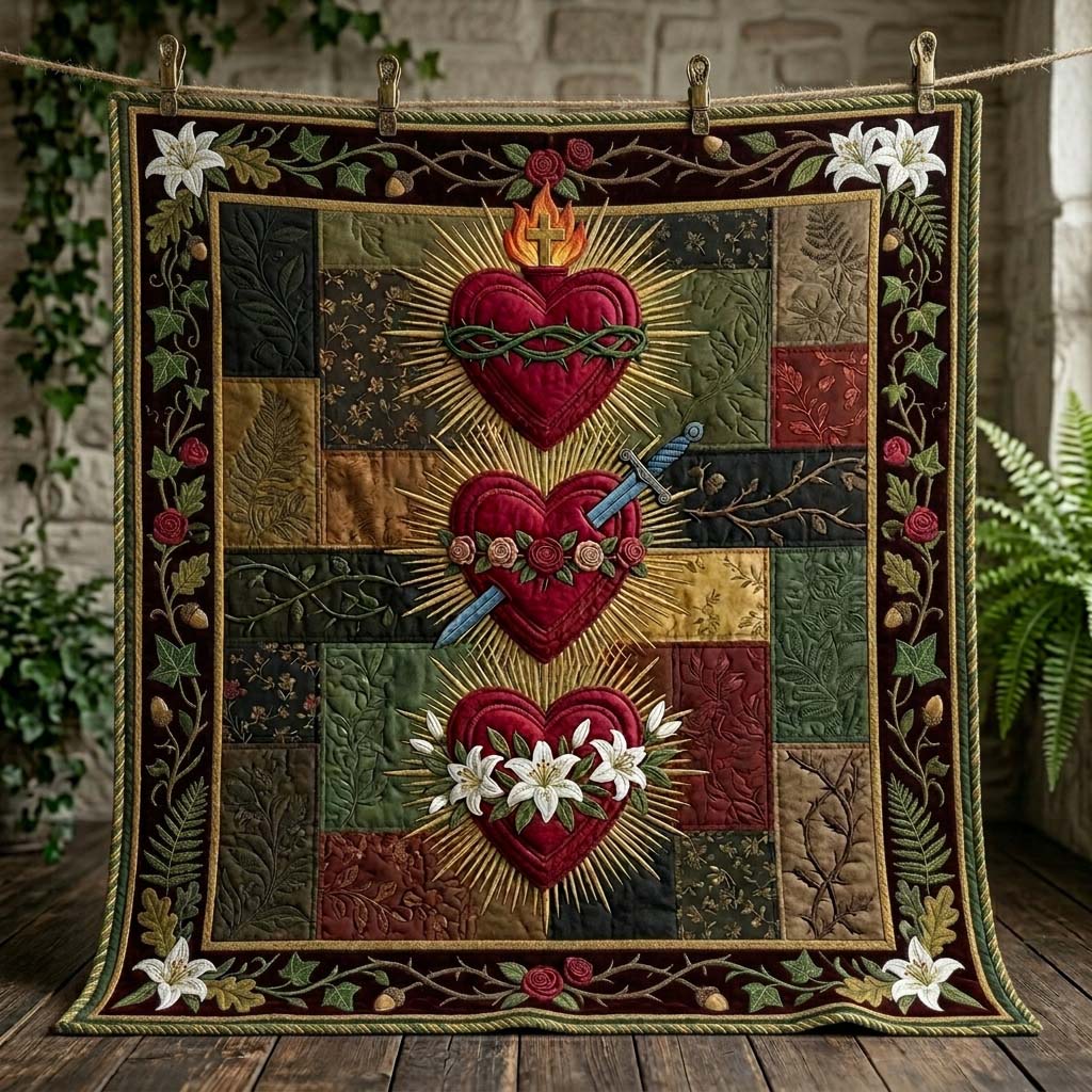 Three Sacred Hearts Quilted Blanket GDTONTD946
