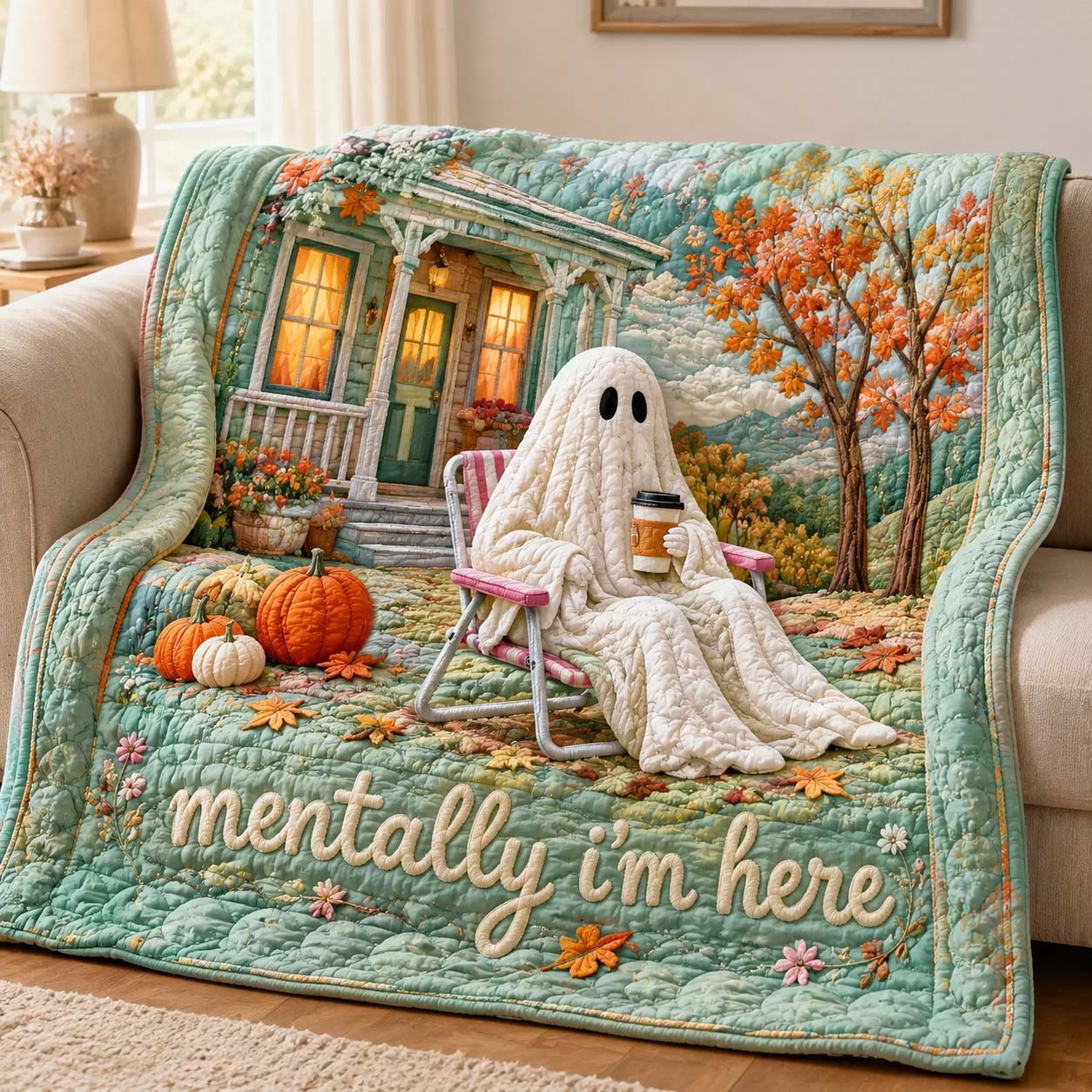 Mentally Here Ghost Quilted Blanket GDTONTD972