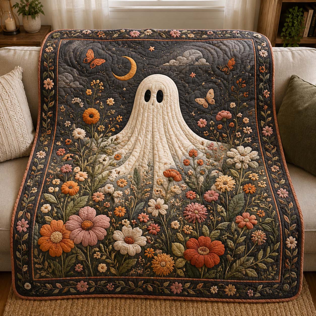 Floral Moon Ghost Quilted Blanket GDTONTD973