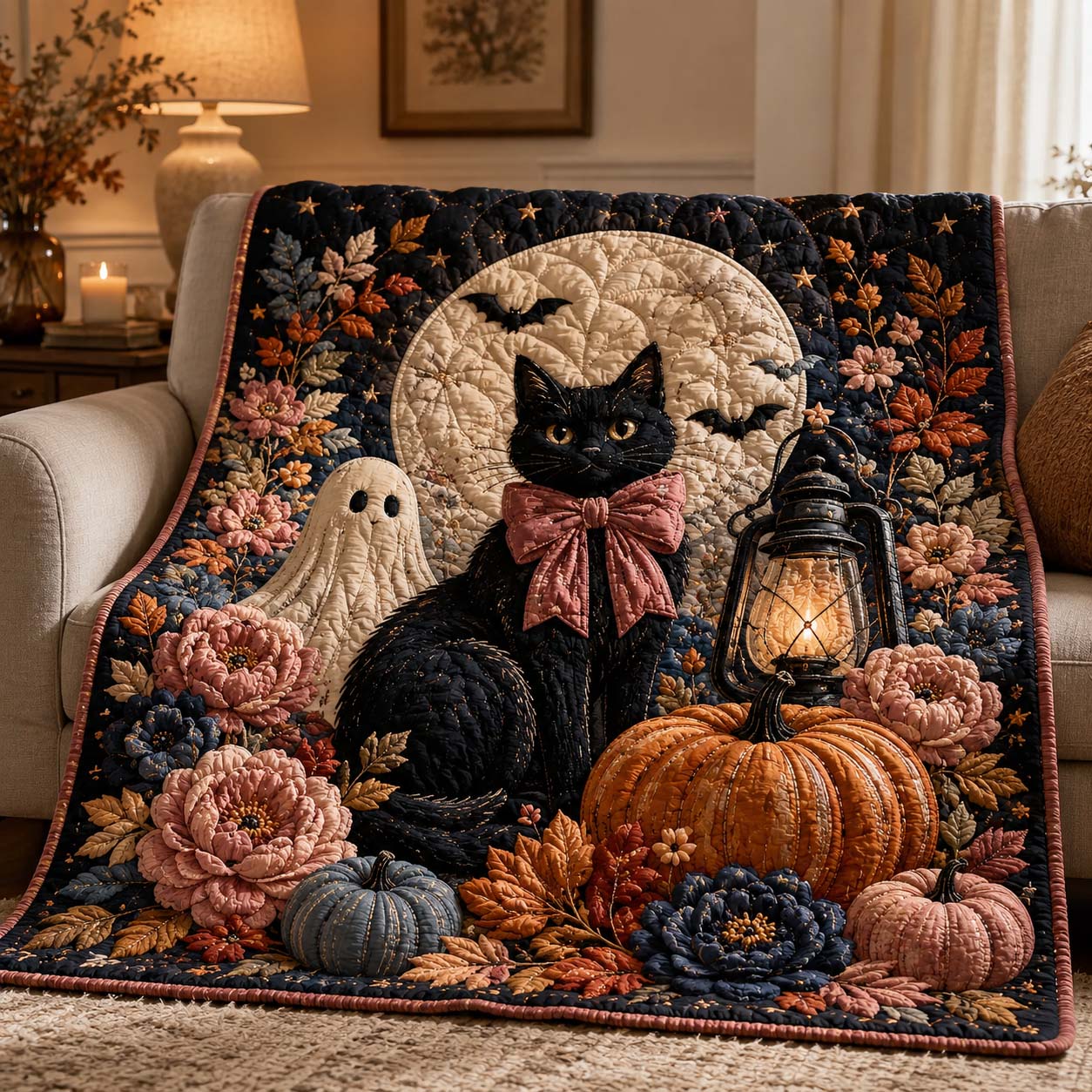 Moonlit Black Cat Quilted Blanket GDTONTD977