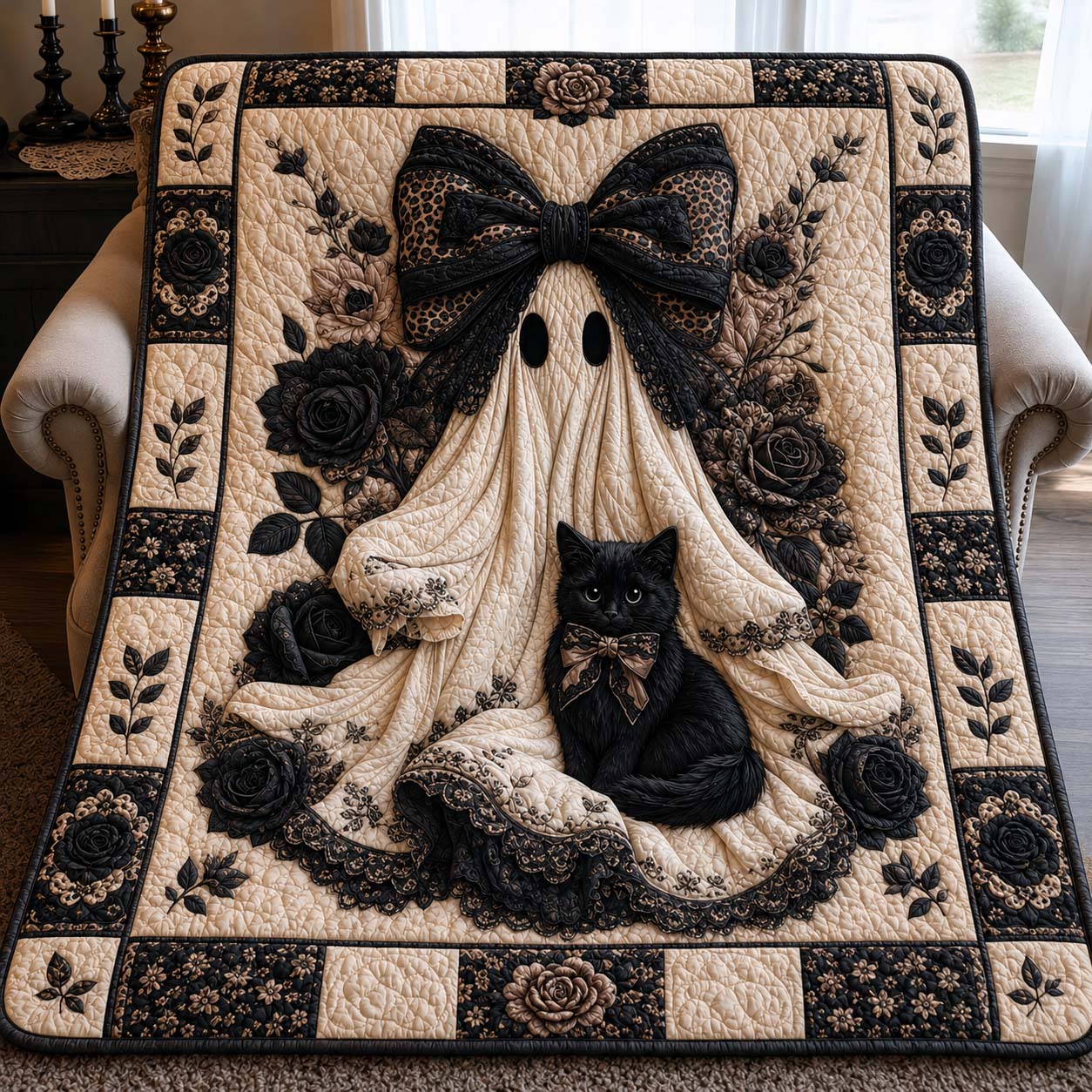 Gothic Bow Ghost Quilted Blanket GDTONTD979