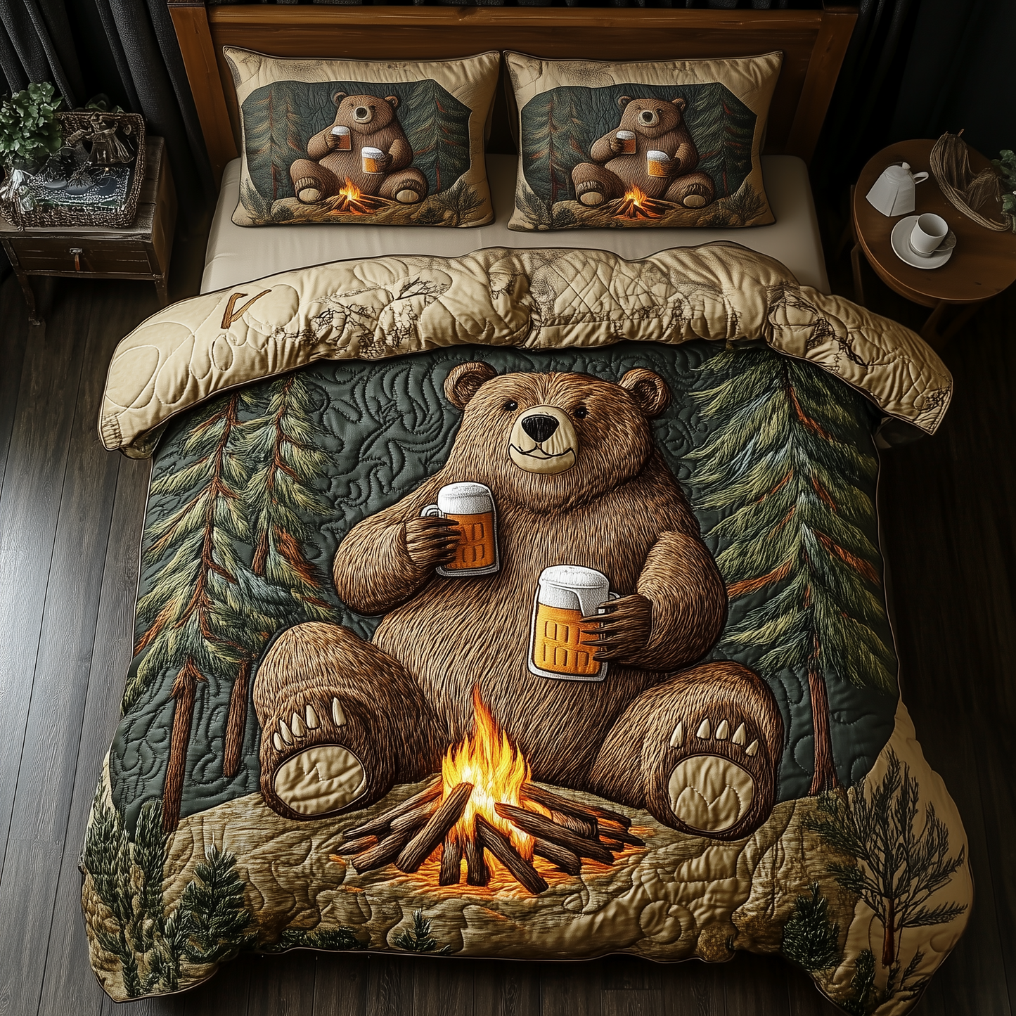 Bear Drinks Beer Camping 3-Piece Quilted Bedding Set GFTOAB1412
